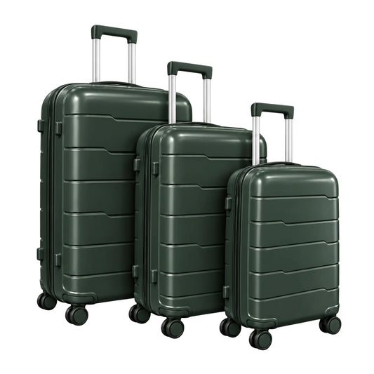 PP-04 premium dark green 3pc hardshell suitcase set with 20, 24 and 28 inch luggage, double spinner wheels and telescopic handles
