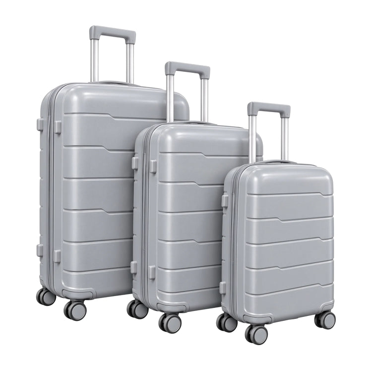 PP-04 premium light grey 3pc hardshell suitcase set with 20, 24 and 28 inch luggage, double spinner wheels and telescopic handles