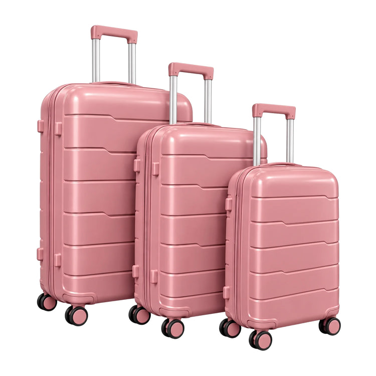 PP-04 premium pink 3pc hardshell suitcase set with 20, 24 and 28 inch luggage, double spinner wheels and telescopic handles