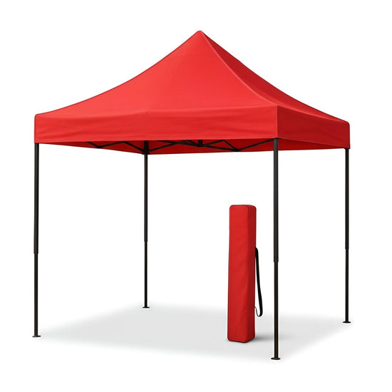 Red pop-up gazebo canopy tent with a rolled-up carrying bag on a white background