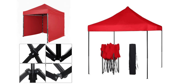 Red 2m x 2m Instant Canopy with 3 side walls and a durable carry bag. Steel Gazebo.