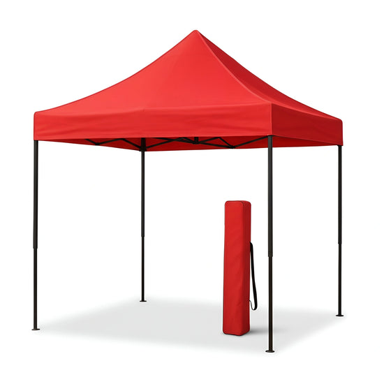 Front view of a portable 2x2 meter steel frame red gazebo, shown with its carrying bag.