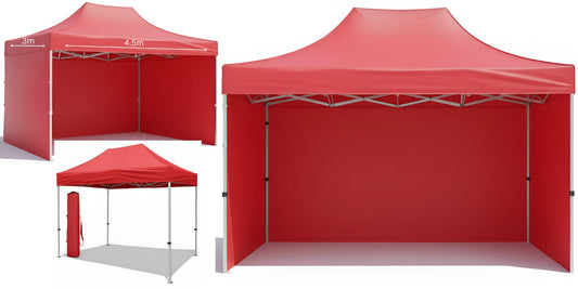 red pop-up aluminum heavy duty canopy tent Gazebo 3m x 4.5m with 3 Side Walls and metal frame. Outdoor Panels for Privacy on a white background