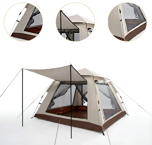 Beige SY-ZP010 6-person automatic camping tent with mesh windows and sunshade canopy