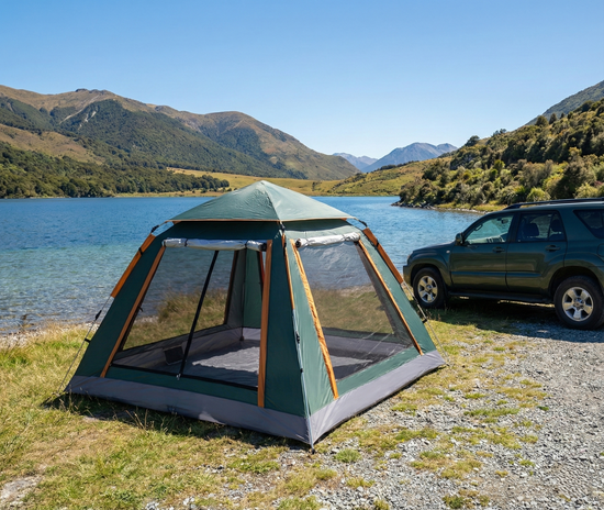 Green SY-ZP010 6-person automatic camping tent with mesh windows and sunshade canopy