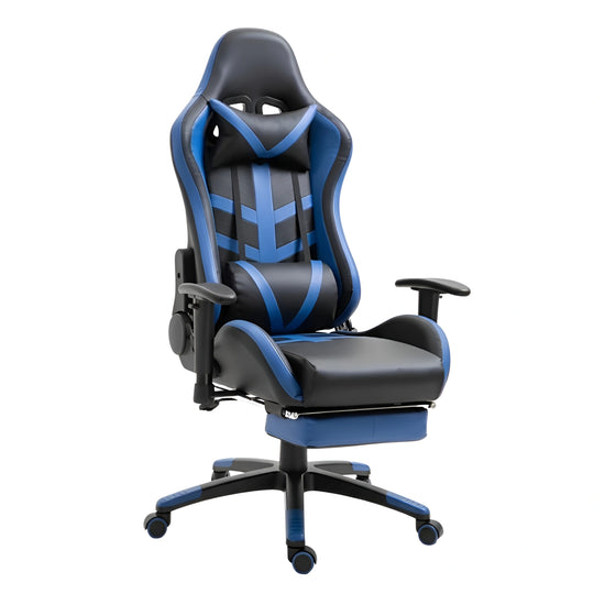 Black and blue gaming chair on a white background