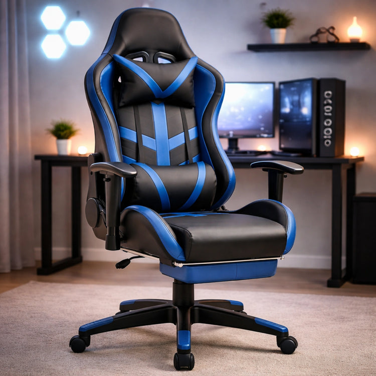Black and blue gaming chair in a room with computer setup