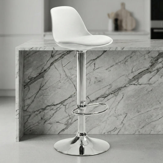 White adjustable swivel bar stool UT-C601 with PU padded seat and gas lift height adjustment, modern counter stool with footrest and round base