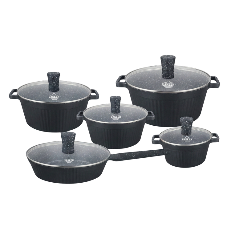 UAKEEN VK-202 PFOA free granite cookware set with glass lids and frypan