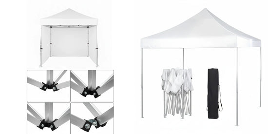 White pop-up aluminum weather resistant canopy tent Gazebo 2.5m x 2.5m with 3 Side Walls and metal frame. Outdoor Panels for Privacy on a white background.