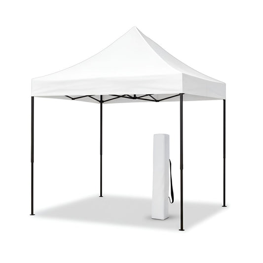 white pop-up gazebo canopy tent with a rolled-up carrying bag on a white background