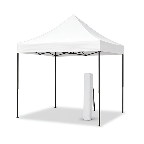 white pop-up gazebo canopy tent with a rolled-up carrying bag on a white background