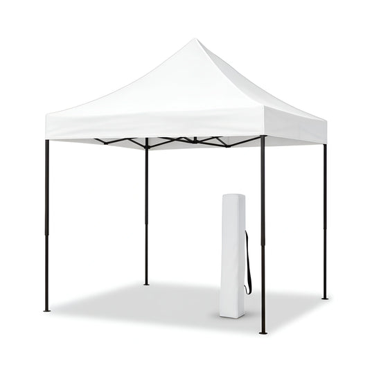 Front view of a portable 2x2 meter steel frame white gazebo, shown with its carrying bag.