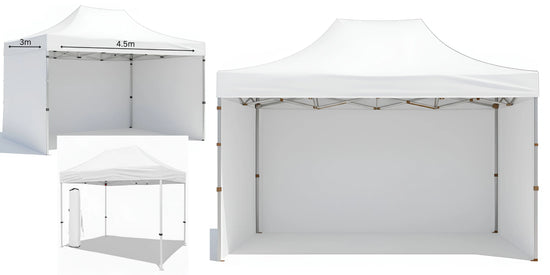 White pop-up aluminum heavy duty canopy tent Gazebo 3m x 4.5m with 3 Side Walls and metal frame. Outdoor Panels for Privacy on a white background