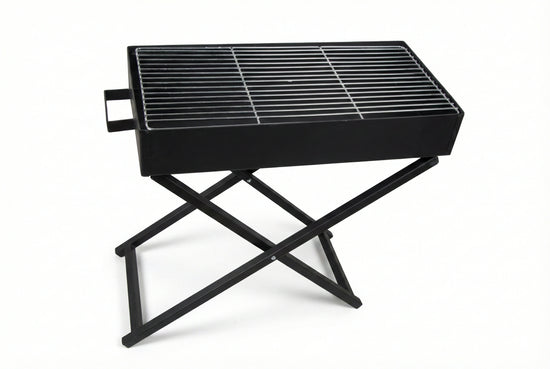 Grayish-black portable charcoal BBQ grill DD5876 with foldable X-frame legs and 80cm stainless steel cooking grate.