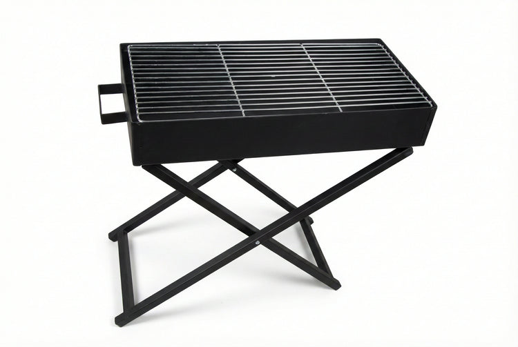 Grayish-black portable charcoal BBQ grill DD5876 with foldable X-frame legs and 80cm stainless steel cooking grate.