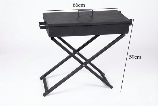 Grayish-black portable charcoal BBQ grill DD5876 with foldable X-frame legs and 80cm stainless steel cooking grate.