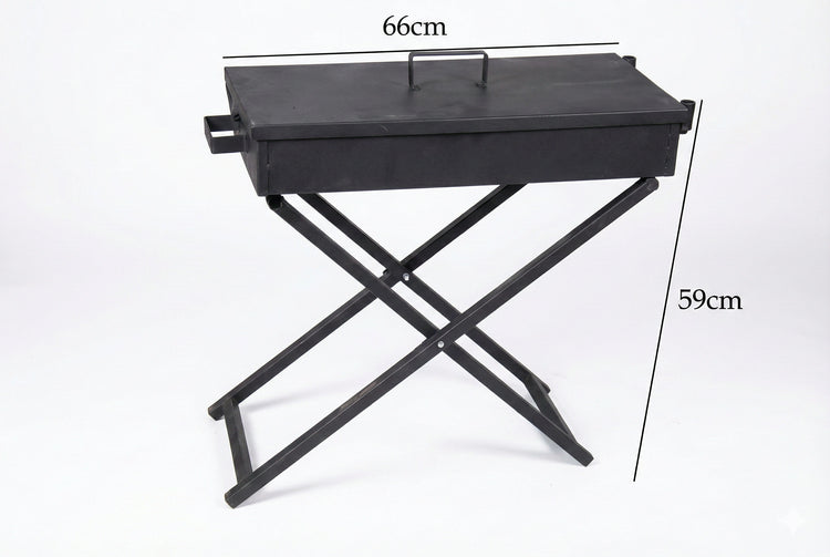 Grayish-black portable charcoal BBQ grill DD5876 with foldable X-frame legs and 80cm stainless steel cooking grate.