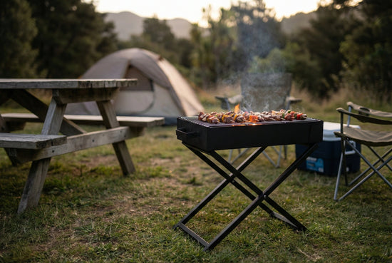 Grayish-black portable charcoal BBQ grill DD5876 with foldable X-frame legs and 80cm stainless steel cooking grate.