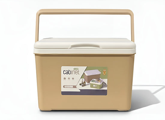 A beige 22-litre and a green 7-litre plastic cooler bin with insulated white lids and carry handles 549