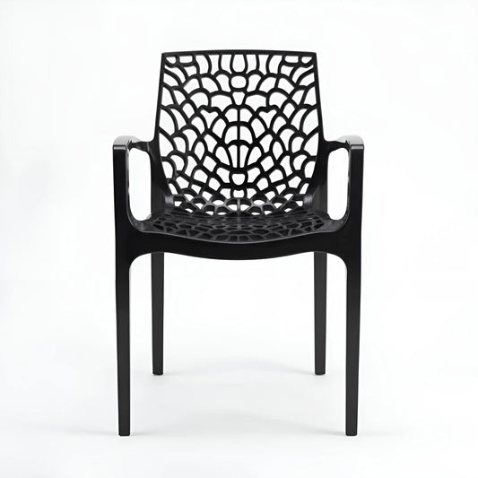 Frontal view of a black indoor/outdoor plastic chair with arms and a spiderweb design YH-675