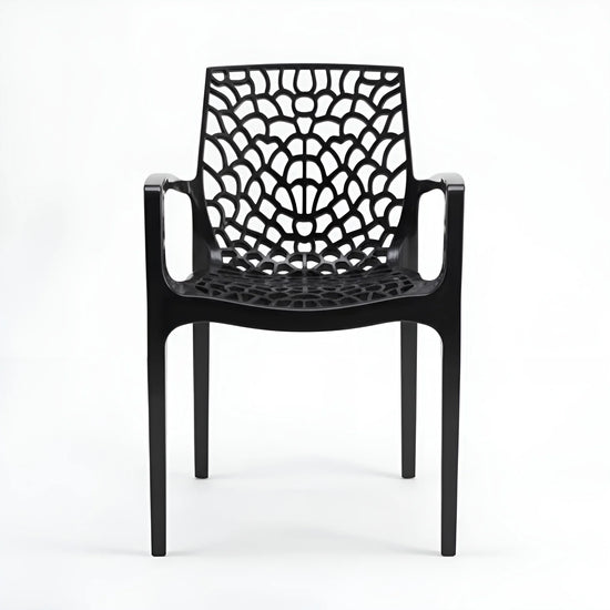 Frontal view of a black indoor/outdoor plastic chair with arms and a spiderweb design YH-675