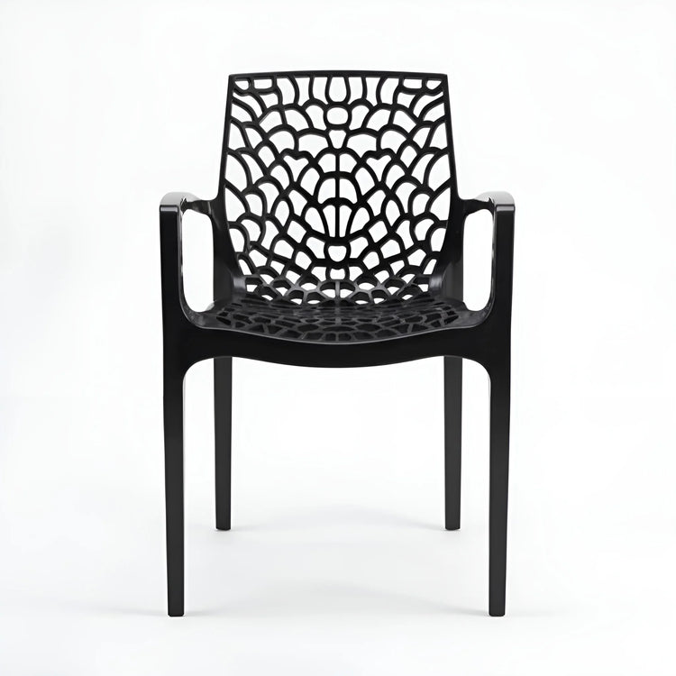 Frontal view of a black indoor/outdoor plastic chair with arms and a spiderweb design YH-675