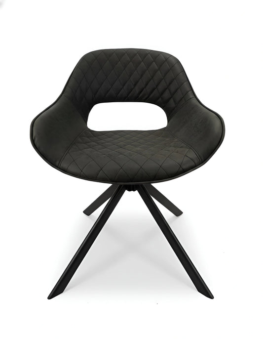 Frontal view of a modern black quilted fabric dining chair with a swivel base UT-C4202