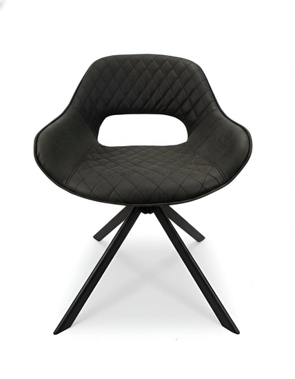 Frontal view of a modern black quilted fabric dining chair with a swivel base UT-C4202