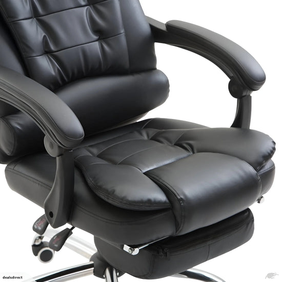 Black leather office chair with reclining feature on a white background