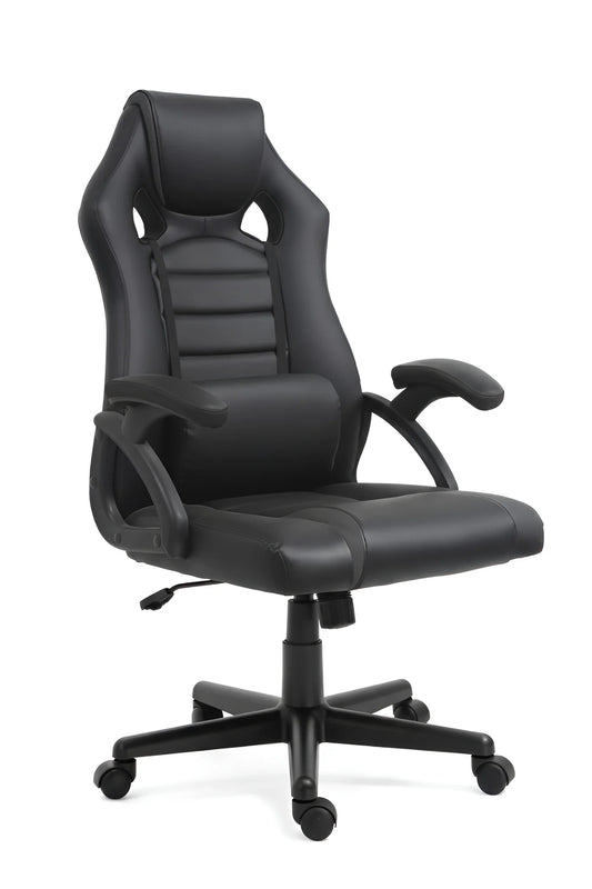 Frontal view of a full black ergonomic gaming chair with lumbar support UT-C5881T