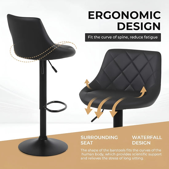 Black bar stool with ergonomic design features on a white background