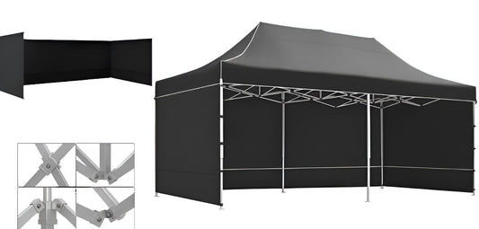 Black pop-up aluminum canopy tent Gazebo 3m x 6m with 3 Side Walls and metal frame. Outdoor Panels for Privacy on a white background