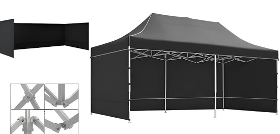 Black pop-up aluminum canopy tent Gazebo 3m x 6m with 3 Side Walls and metal frame. Outdoor Panels for Privacy on a white background