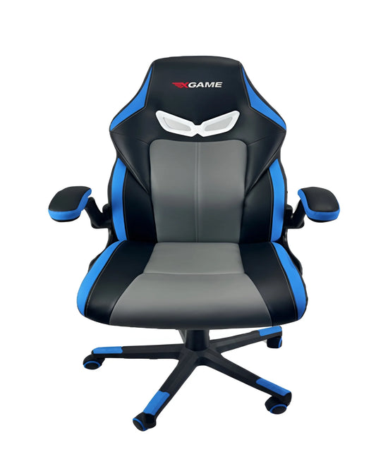 Front view of a black and blue ergonomic gaming chair with a swivel base UT-C5151