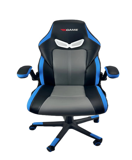 Front view of a black and blue ergonomic gaming chair with a swivel base UT-C5151