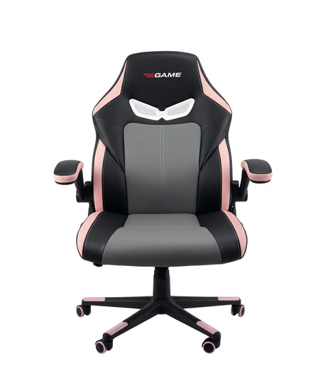 Front view of a black and pink ergonomic gaming chair with flip-up armrests UT-C5151