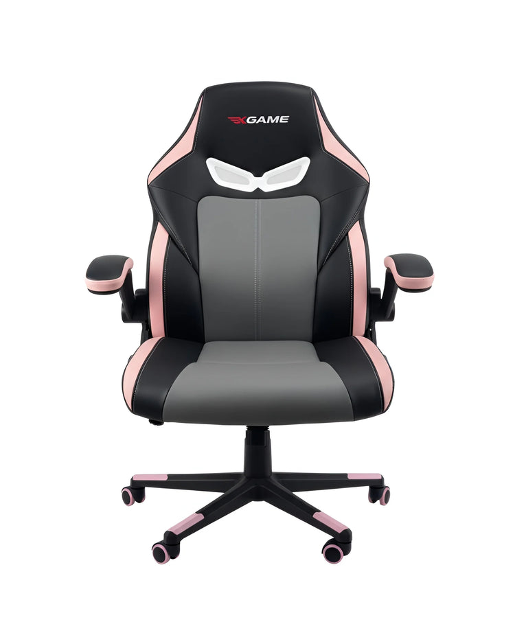 Front view of a black and pink ergonomic gaming chair with flip-up armrests UT-C5151