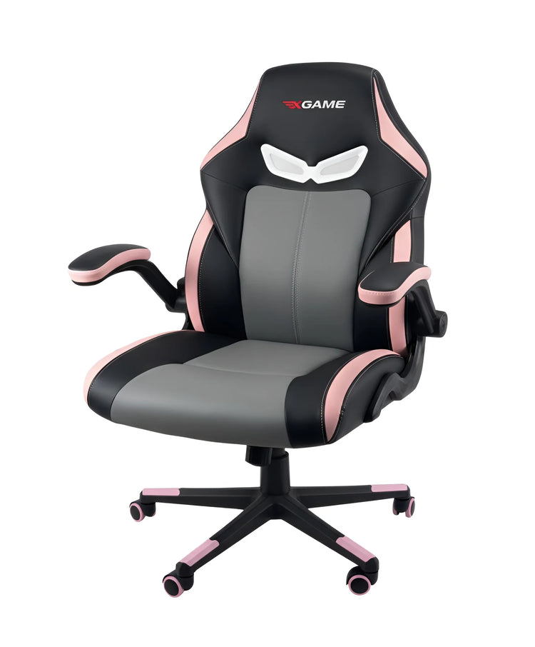 Side view of a black and pink gaming chair showing the flip-up armrest functionality UT-C5151