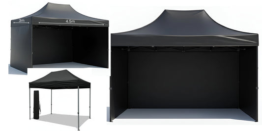 Black Gazebo Steel 3m x 4.5m Heavy Duty 3 Side Walls, Outdoor Pop-Up Shelter & Weather Resistant on a white background