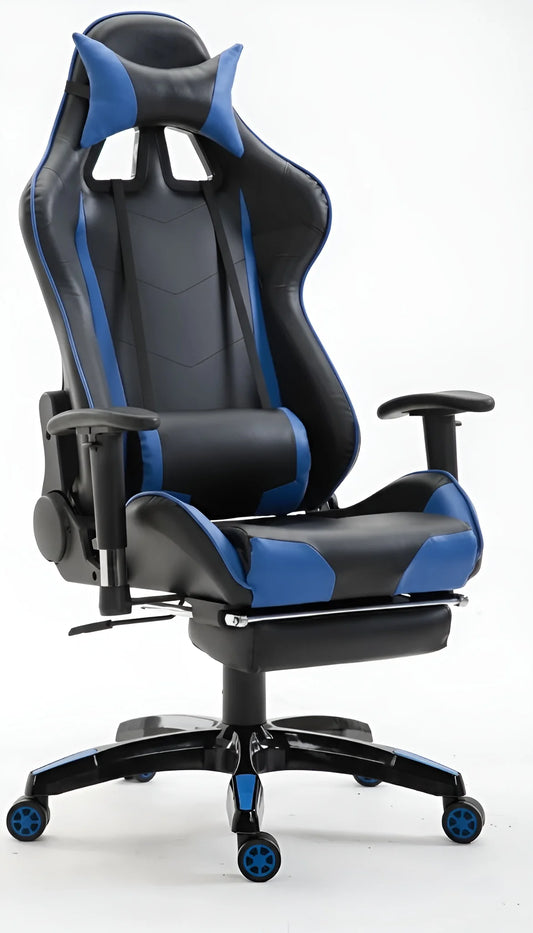 Frontal view of a black and blue ergonomic gaming chair with lumbar and neck pillows UT-C580F