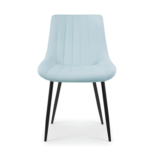 Frontal view of a modern blue velvet dining chair with black legs UT-C7050