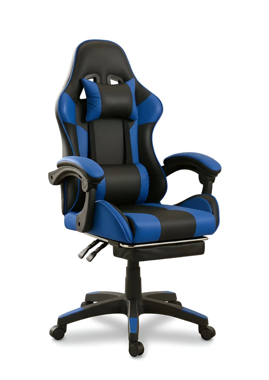 Blue and black high-back gaming chair with adjustable armrests and lumbar pillow UT-B199