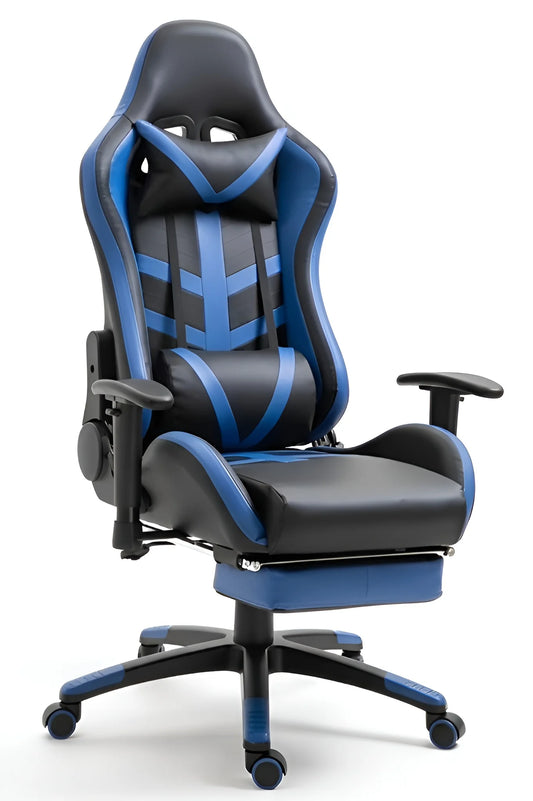 Black and red ergonomic gaming chair with footrest in a home office setup UT-C071