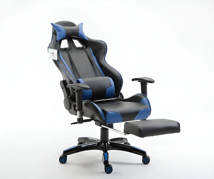 Frontal view of a black and blue ergonomic gaming chair with lumbar and neck pillows UT-C580F