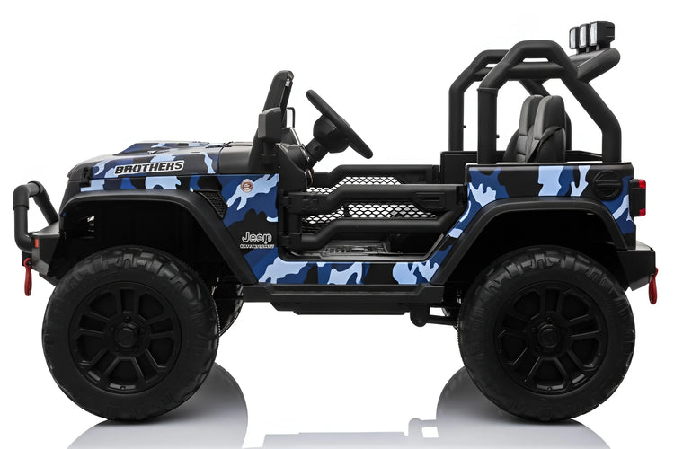 Children's toy jeep truck with blue camouflage design on a white background