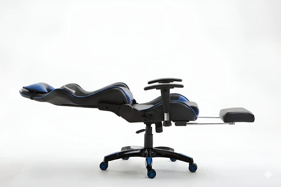 Side view of a black and blue gaming chair fully reclined to 180 degrees with the footrest extended UT-C580F