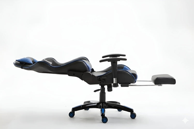 Side view of a black and blue gaming chair fully reclined to 180 degrees with the footrest extended UT-C580F