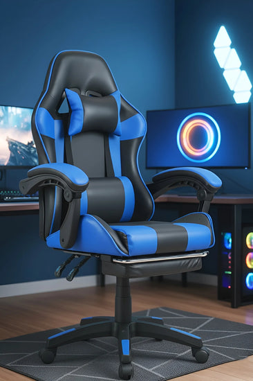Blue and black gaming chair in a room with computer monitors and colorful lighting.