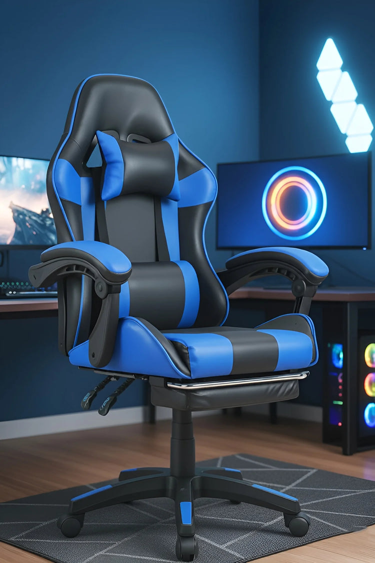 Blue and black gaming chair in a room with computer monitors and colorful lighting.